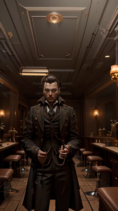 portrait of a man standing at a barbershop in a dark room, dressing a dark victorian suit, ((holding a razor)), Jhonny Depp, messy hair, in a tim burton movie, dark, sweeney todd, bloody, messy room, cinematic, film,<lora:epiCRealismHelper:0.8> <lora:real_skin:0.8> <lora:CyberpunkStyleV1:1>