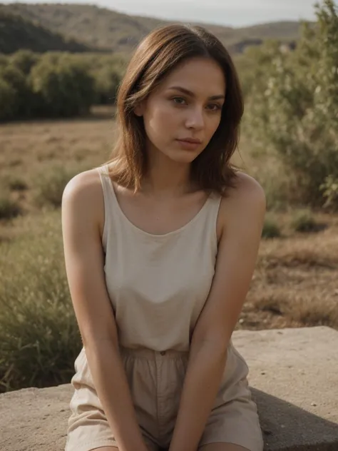 a woman sitting on a stone bench in a field