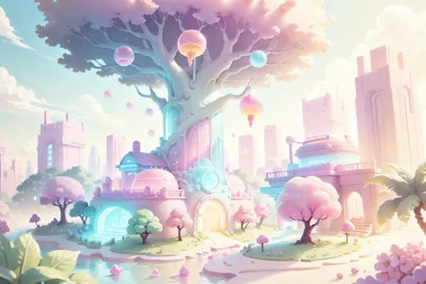 anime city with a tree and a river in the middle