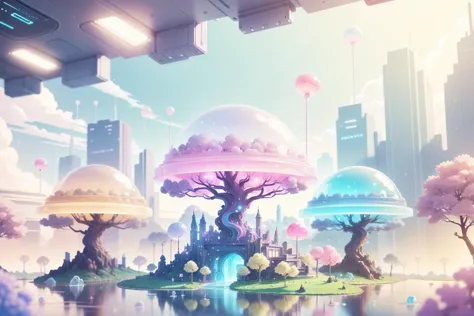 sweets landscape, (treat:1.2),  <lora:KawaiiTech-20:0.7> kawaiitech, pastel colors, kawaii, cute colors, scifi, lollipop trees ,  gello rivers  <lora:GelatinTech-20:0.5> gelatintech, see-through, transparent,