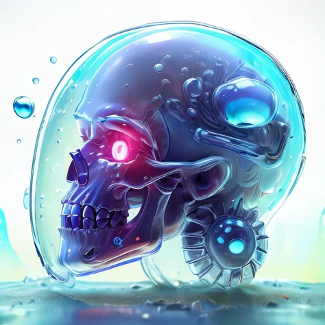 a close up of a skull inside a glass container with water