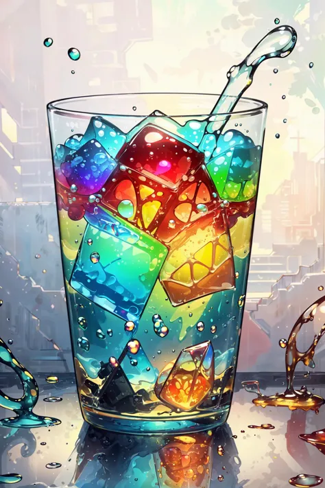 there is a glass of ice with a colorful liquid inside