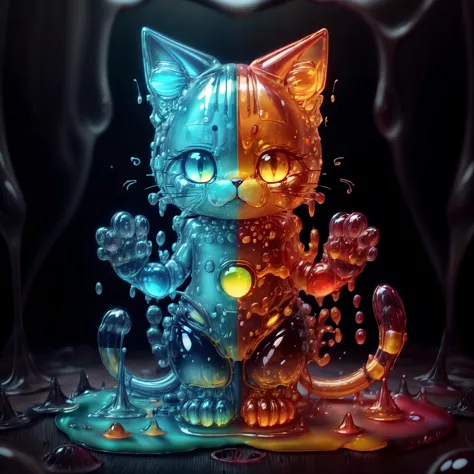 c4tt4stic,1cat, solo, slime cat, slime \(substance\),<lora:GelatinTech-20:1>, gelatintech ,colorful ,multi color, see-through, t...