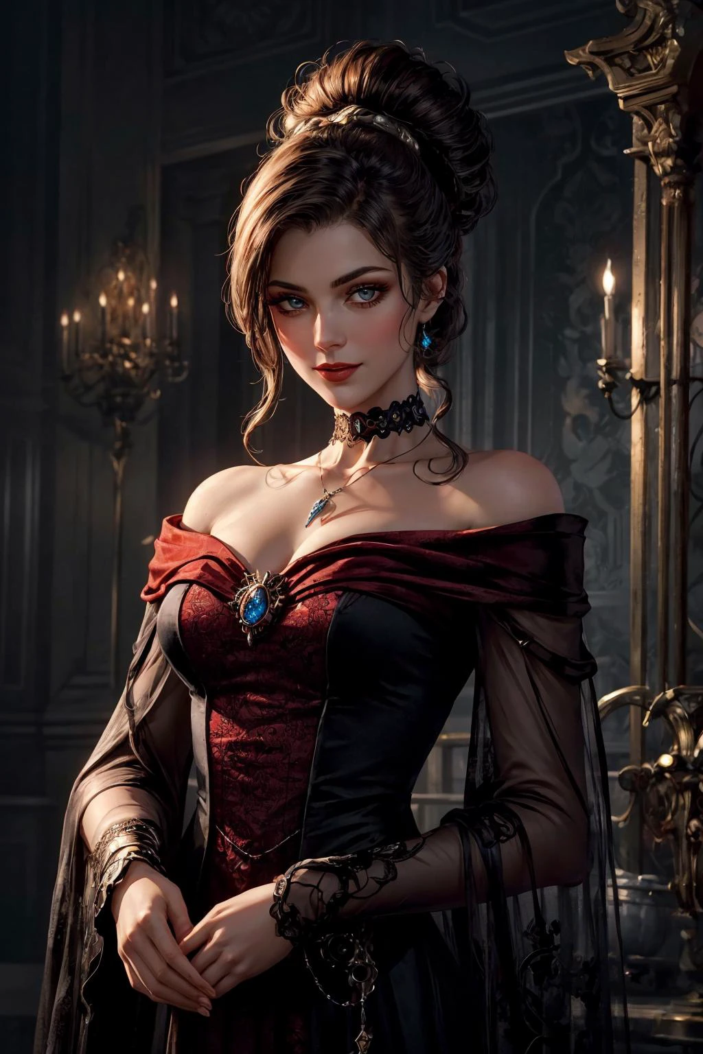 Picture a futuristic noblewoman, a scion of one of Terra's great houses, in the (grim) and (technologically grandiose) (steampunk) setting of (((Warhammer 40k))). She stands within the opulent confines of a sprawling [high-tech] futuristic [sci-fi] palace, a fusion of (Gothic architecture) and (advanced machinery), its towering obsidian spires adorned with dark banners bearing the sigil of her noble house.
The palace is a testament to the (dark majesty of technology) within this dystopian future. [Ornate, arched doorways] are not only richly decorated but equipped with (intricate mechanical locks), and the entire structure resonates with the omnipresent hum of (arcane machinery), which powers and sustains this advanced civilization.
The noblewoman herself embodies both regal grace and technological sophistication. Her attire blends decadence with power, featuring a [floor-length gown] made of [rich, dark velvet], adorned with [intricate lacework], and highlighted with [deep crimson accents].
Her [delicately arched jawline] adds to her allure, tracing the contours of [full cheeks] adorned with [subtle blush], a hint of secrets and passions. [Exquisite features], a [long, inviting chin], and [graceful cheekbones] harmonize with her [nose, slightly upturned at the tip], adding to her allure and a warm, shy smile. Her [parted lips], as alluring as pomegranate, with [pearly white teeth], [smiling shyly], her natural beauty complemented by [tinted lip balm].
Her eyes hold a [hypnotic gaze], the [rich brown] of her irises set against [white sclera]. [Elegantly curved eyebrows], [long, inviting eyelashes], and [subtle eyeshadow] hint at a life steeped in shadows.
Around her neck, she wears a [lace choker] with a pendant bearing the emblem of her house, a symbol of her noble lineage. Her [raven-black hair], elegantly coiffed, cascades down, held in place by [ornate hairpins] featuring her family's crest.
Her [alabaster skin] is untouched by the ravages of time, and her [intelligent gaze] holds the weight of centuries of imperial rule. She carries herself with a [haughty demeanor], a testament to her noble heritage.
The palace's grand halls are illuminated by [edison bulb], casting flickering shadows on the colossal tapestries and [priceless artworks] that adorn the walls. The air is heavy with the scent of [incense] and [subtle perfumes], masking the stench of the polluted world outside.
Here, [arcane machinery] seamlessly intertwines with the Gothic architecture, serving as a testament to both the grandeur and technological prowess of this dark future.
This is a glimpse into the opulent and shadowed world of Warhammer 40k's noble elite, where a noblewoman of Terra's great houses stands as a symbol of power and decadence in an era marked by unending war and darkness, all within the backdrop of a gothic realm adorned with (advanced technology) 