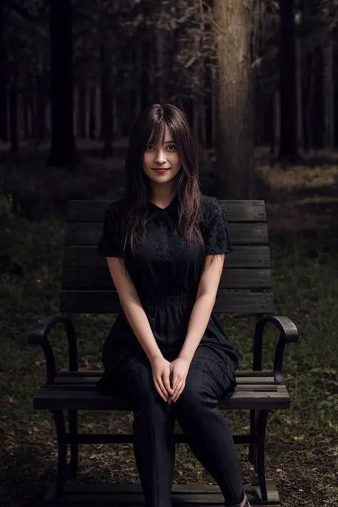 arafed woman sitting on a bench in a dark forest