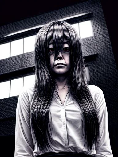 (masterpiece, best quality:1.2), highres, intricate details, detailed hair, portrait, raw photo, light coming from below, Sadako, pale skin, grey skin, white shirt, creepy smile, night city background, 