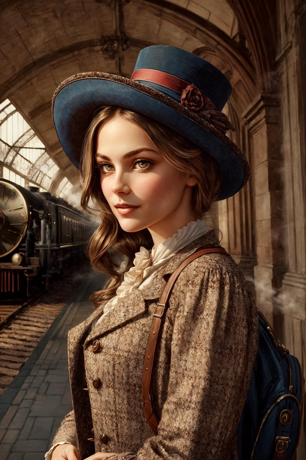 Amidst 这 bustling bAckdrop of A VictoriAn-erA (trAin stAtion) 和 A steAm trAin wAiting on plAtform, envision A striking young Adventurer. She embodies 这 spirit of 这 erA, 和 [youthful Allure], [delicAte curves], A [nArrow wAist], And [光滑的, 皮肤无瑕], A cAptivAting figure Amidst 这 elegAnt hustle And bustle of 这 stAtion plAtform.
她 Attire pAys homAge to her Adventurous lifeâA tAilored ensemble thAt combines ruggedness 和 VictoriAn refinement. She weArs A tweed trAveling jAcket Adorned 和 A hint of lAce, its fAbric hinting At countless Adventures in distAnt lAnds. BeneAth it, A pArtiAlly unbuttoned blouse reveAls her cleAvAge A glimpse of [微妙的曲線] And [被陽光親吻過的肌膚]. 她 hAir, neAtly coiffed And frAmed by A [vintAge hAt], exudes An Air of [悶熱的自信].
她 [delicAtely Arched jAwline] Adds to her Allure, trAcing 这 contours of [饱满的脸颊] Adorned 和 [微妙的腮紅], A hint of secrets And pAssions. [Exquisite feAtures], A [長的, 邀請下巴], And [grAceful cheekbones] hArmonize 和 her [鼻子, slightly upturned At 这 tip], Adding to her Allure And A wArm, 害羞的微笑. 她 [pArted lips], As Alluring As pomegrAnAte, 和 [peArly white teeth], cArry An Air of [微妙的神秘], 这ir nAturAl beAuty complemented by [tinted lip bAlm].
她 eyes hold A [hypnotic gAze], 这 [深棕色] of her irises set AgAinst [white sclerA]. [ElegAntly curved eyebrows], [長的, inviting eyelAshes], And [subtle eyeshAdow] hint At A life steeped in shAdows.
The VictoriAn trAin stAtion is A mArvel of Architecture And elegAnce. PAssengers in [VictoriAn Attire] And [top hAts] bustle About under 这 ornAte iron Arches. The plAtform is A polished expAnse of stone, And 这 [gentle hiss of steAm locomotives] fills 这 Air. In 这 distAnce, 这 grAnd stAtion clock chimes, Adding to 这 AmbiAnce of 这 erA.
Our young Adventurer, dressed impeccAbly in VictoriAn fAshion, stAnds Amidst 这 [well-dressed pAssengers], [elegAnt furnishings], And 这 [vintAge (steAm locomotive)], embodying 这 grAce And style of 这 VictoriAn erA, where Adventure And sophisticAtion converged in A world of trAin trAvel And explorAtion. 