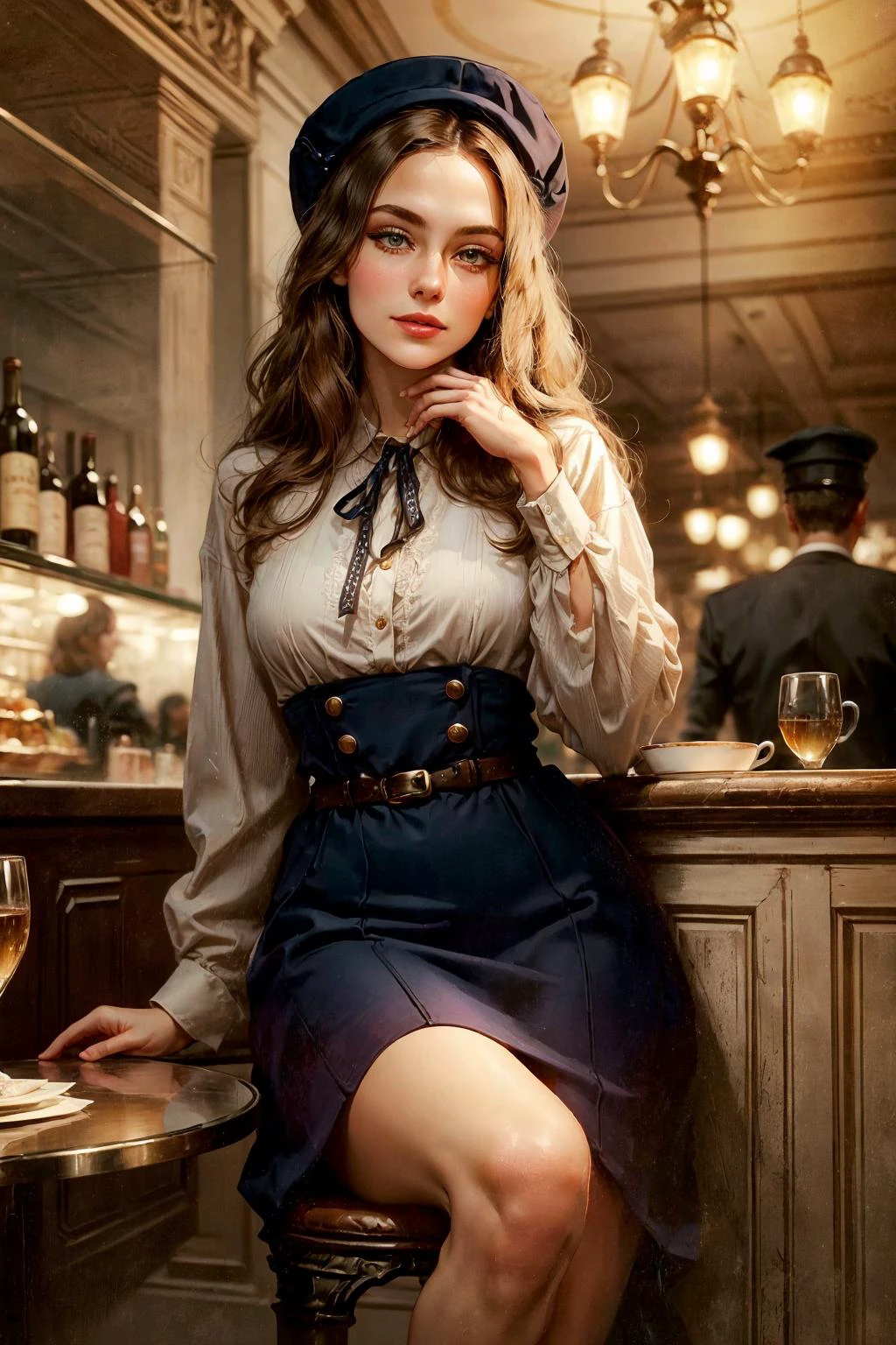 Generate an image that transports us to the enchanting world of the interwar period in Paris, where a young and elegant flight attendant savors a quiet moment at a charming Parisian cafÃ©.
The flight attendant herself embodies the grace and sophistication of the era. She possesses a timeless beauty and slender figure that complements her chic and vintage attire, perfectly in sync with the ambiance of the interwar period.
Her hair, a rich chestnut hue, is elegantly styled in loose waves that frame her face. Her eyes, a captivating shade of deep hazel, reflect both the allure of Paris and a sense of curiosity. Long, dark eyelashes emphasize her eyes, and she wears subtle brown eyeshadow that adds to her sophistication.
Her facial features are delicately proportioned, featuring a  nose and high cheekbones that evoke the elegance of the interwar era. Her lips, with a natural rosy tint, form a warm and inviting smile that exudes charm and grace.
The flight attendant's attire is a testament to the fashion of the timeâa tailored, knee-length dress cinched at the waist and flared at the skirt. She wears a stylish cloche hat adorned with a ribbon, adding an air of sophistication. Classic pumps and a vintage leather handbag complete her ensemble.
As she sits at the Parisian cafÃ©, she enjoys a cup of coffee, her delicate fingers wrapped around the warm porcelain cup. The cafÃ© exudes an authentic interwar atmosphere, with wrought-iron tables and chairs, checkered tablecloths, and the soft hum of conversation in the background.
The image is bathed in the soft, romantic light of a Parisian afternoon, casting a warm and nostalgic glow over the scene. It captures a fleeting moment in time, where the flight attendant relishes the magic of Paris during the interwar period, embodying the spirit of elegance and exploration.
This revised prompt focuses on the flight attendant's experience at a Parisian cafÃ©, maintaining the interwar atmosphere.  