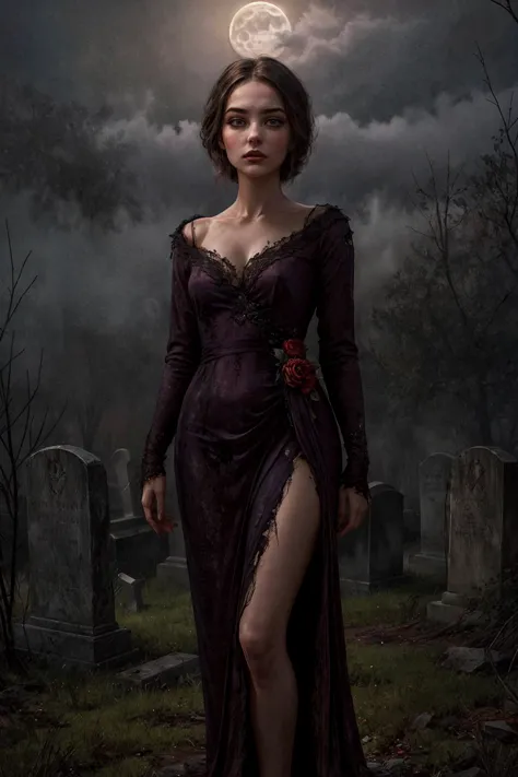 In the eerie and gothic ambiance of a moonlit cemetery, envision a solitary woman, her presence shrouded in both sorrow and allu...