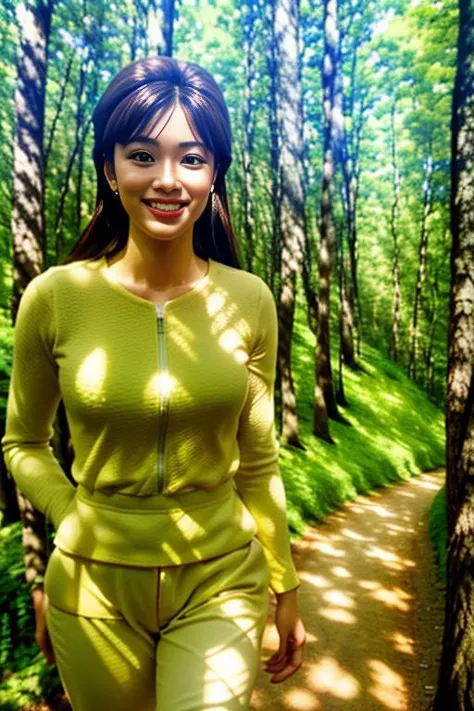 photo of a woman, 1girl, standing in a forrest, trees, trail, 30 years old, solo, realistic, (masterpiece:1.1), (best quality:1.1), beautiful, (intricate details), unity 8k wallpaper, ultra detailed, beautiful, aesthetic, perfect lighting, <lora:add_detail:0.5> eyes, grin, parted lips, <lora:Gloomifier_slider_LECO_500w:-8>