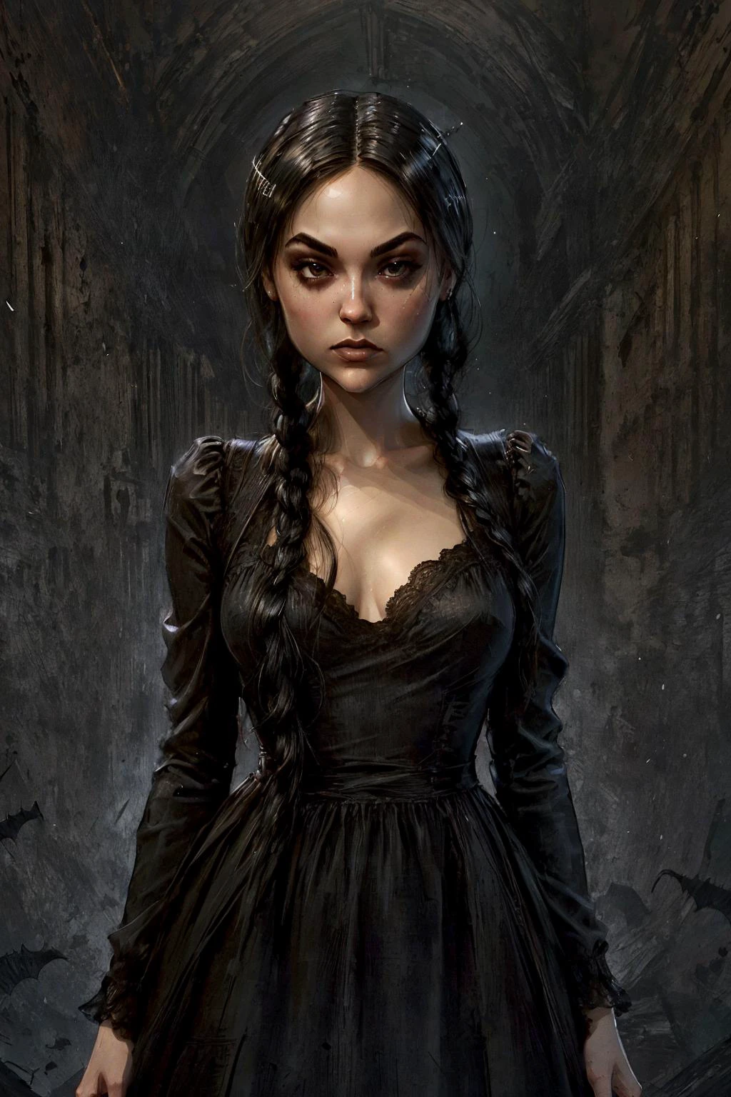 Generate a high-quality image of Wednesday Addams  (koh_sashagrey) during Halloween eve. She is standing on the grand, dimly lit staircase of an ancient, eerie, and gothic mansion. Wednesday is a tall, slim, and pale young woman with long, jet-black hair, almost reaching her waist. Her hair is straight and perfectly styled, framing her beautiful, oval face. She has large, expressive, and slightly melancholic dark brown eyes that give her an enigmatic look. Her skin is porcelain white, and she has a delicate, pointed nose.
Wednesday is dressed in a revealing, skin-tight black dress that accentuates her alluring figure. The dress features intricate details that blend seamlessly with the gothic aesthetic. Her attire is both fashionable and macabre, perfectly capturing her unique style.
The setting should exude a spooky, atmospheric vibe, with flickering candlelight, cobwebs, and hauntingly elegant décor. It's a perfect scene for a Halloween celebration. The overall image should capture her iconic gothic charm and the macabre ambiance of the mansion. 