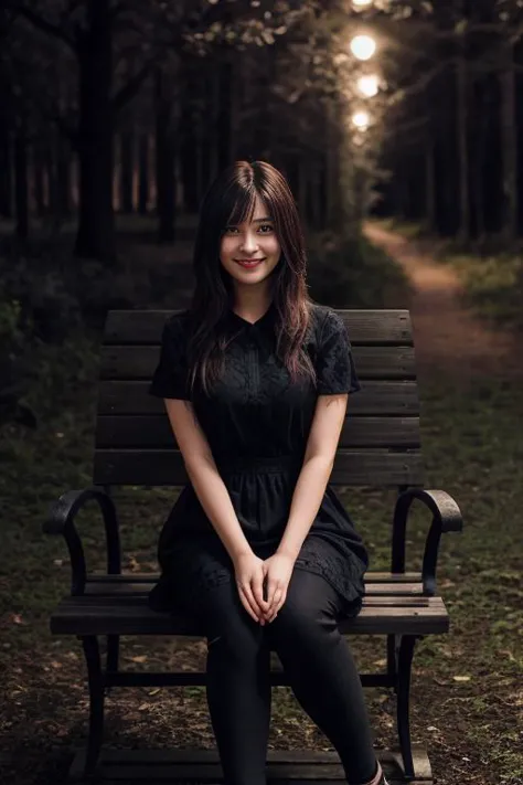 photo of a woman, 1girl, sitting on a bench in a forrest, trees, trail, 30 years old, solo, realistic, (masterpiece:1.1), (best quality:1.1), beautiful, (intricate details), unity 8k wallpaper, ultra detailed, beautiful, aesthetic, perfect lighting, <lora:add_detail:0.5> eyes, grin, parted lips, <lora:Gloomifier_slider_LECO_500w:6>