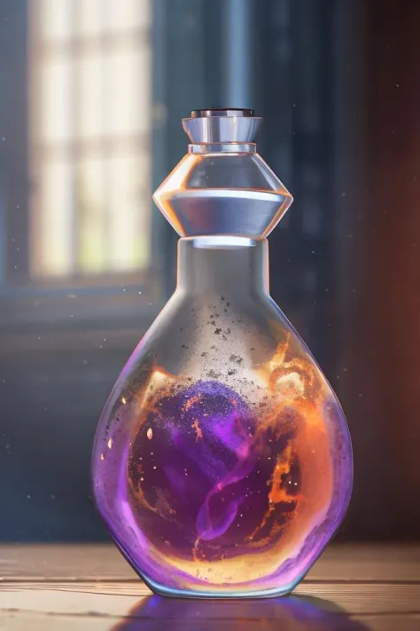 ((a potion bottle filled with magical elements)), magical, (workshop background with lots of other bottles and tools:1.1), intricate detail, hyper detailed, ultra realistic, sharp focus, octane render, volumetric, ray tracing, artstation trending, cgsociet...