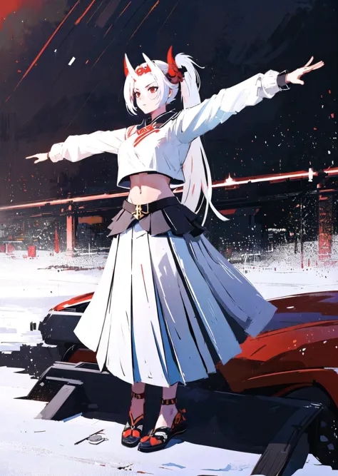 (1girl oni girl, oni horns, red eyes, white hair long ponytail) (8k) (sitting in detailed city, white shirt, midriff, pleated skirt [tangzhuang pauldrons], , coin) , best quality, Trending on Artstation, masterpiece, zaum, elysiumchar, portrait, <lora:DiscoElysiumStyle_v1:0.6> TPose, outstretched arms, standing,  <lora:TPose:0.9>