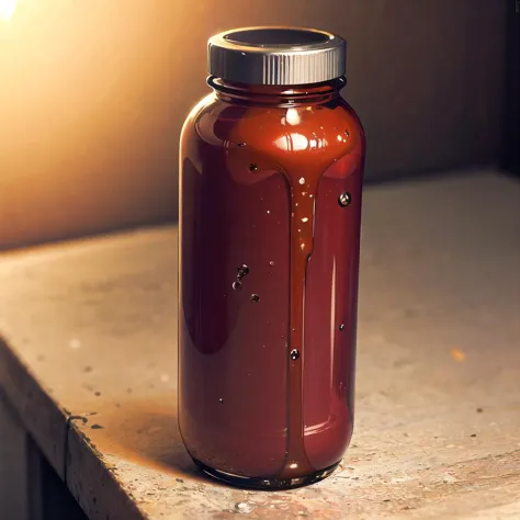 there is a jar of liquid sitting on a counter with a light shining on it