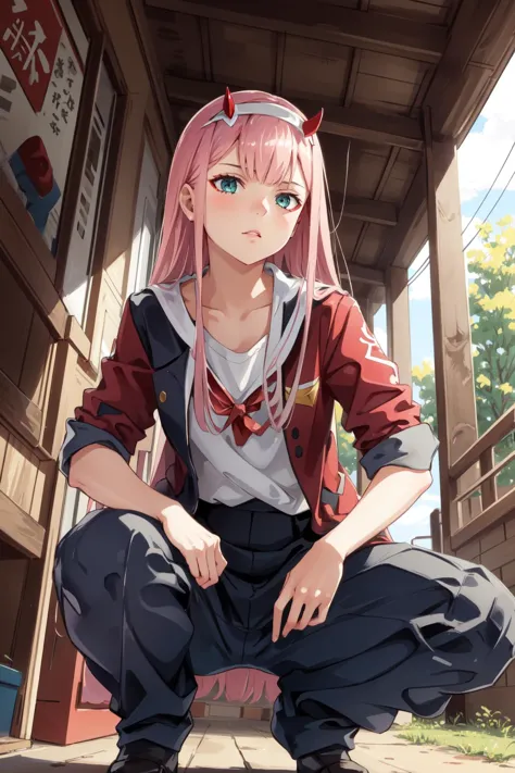 (masterpiece, best quality),  intricate details,
1girl,   <lora:zerotwo:0.8> zerotwo, hairband, horns,red horns, 
 <lora:DelinquentT:0.6> DelinquentT, squatting, standing, hand on hip,