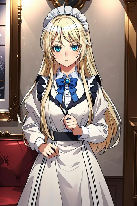 (masterpiece, best quality),  intricate details,
1girl, long blonde hair, yellow eyes,  <lora:Maria Cloche LoRA:0.8>  <lora:victorian_maid-1.0:0.8> maid,