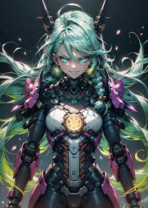 (1girl, rainbow hair long hair low twin braids, rainbow eyes, evil determined crazy smile) (digital) (in detailed staff room, flower trim, glowing neon green bionic spine vertebrae ribs) , best quality, Mecha,  <lora:Mecha:0.9>