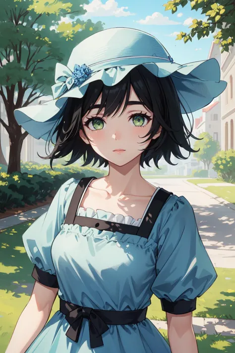 (masterpiece, best quality),  intricate details,
1girl,  <lora:mayuritest:0.8> mayuri shiina, (black hair:1.5), (green eyes:1.5), messy hair, short hair, hat, blue hat,, (blue dress:1.5), collarbone, dress, puffy short sleeves, puffy sleeves, short sleeves,,