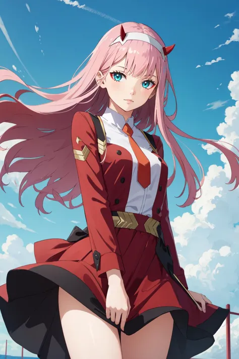 (masterpiece, best quality),  intricate details,
1girl,   <lora:zerotwo:0.8> zerotwo, hairband, horns,red horns, 
 <lora:skirt_t...