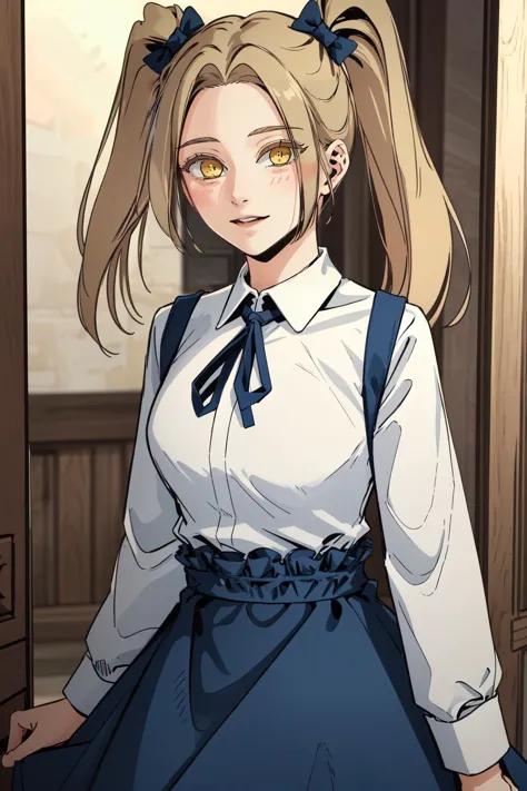 (masterpiece, best quality),  intricate details,
1girl,   <lora:rachel:0.8> 1girl, blonde hair, yellow eyes, twintails, white shirt, blue neckerchief, blue skirt, long skirt, 1girl, blonde hair, yellow eyes, twintails,,