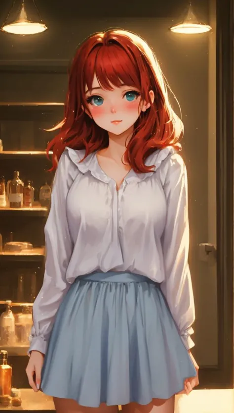 a woman with red hair and blue skirt standing in front of a counter