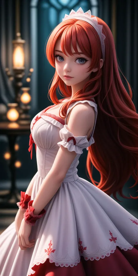 a woman in a dress with long red hair and a tiable