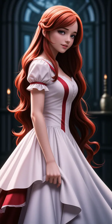 a woman with long red hair wearing a white dress and red shoes