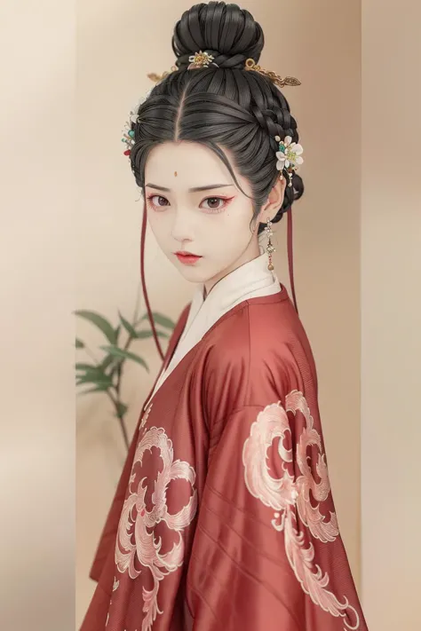 a woman in a red kimono with a flower in her hair