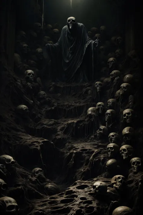 a dark image of a man in a robe sitting on a pile of skulls