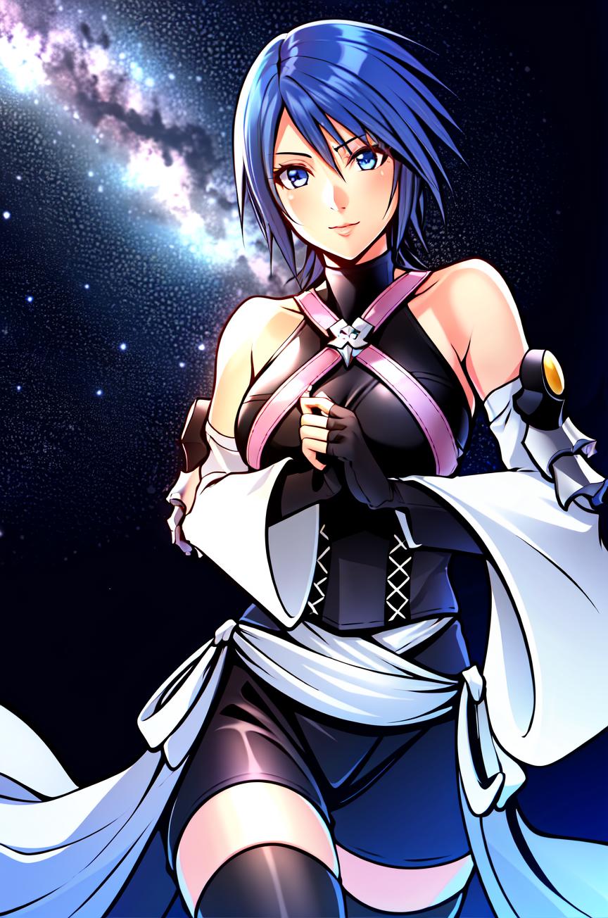 A close up of a woman with a sword in a space background - SeaArt AI