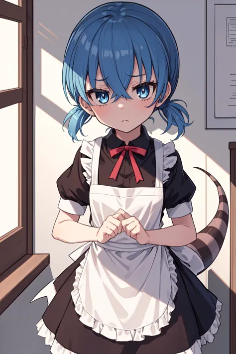 1girl, solo, tsuchinoko \(kemono friends\), blue hair, short hair, blue eyes, low|short twintails, striped tail, maid uniform, black dress, short sleeves, puffy sleeves, apron, standing, indoors, looking at viewer, :\< <lora:char-tsuchinoko:1>