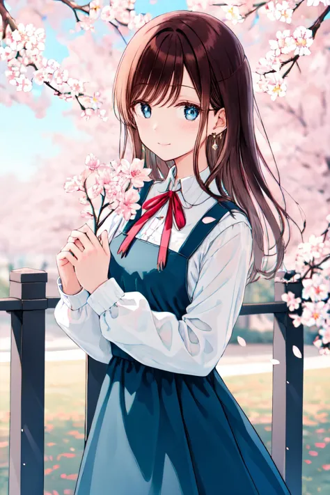 anime girl in a blue dress holding a flower in front of a fence