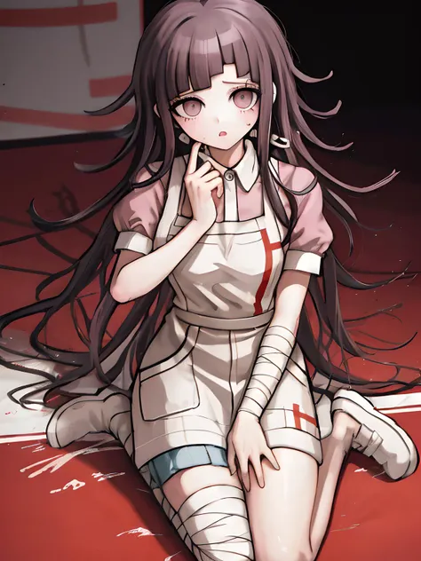 <lora:MikanDG:0.8>, Mikan, gray eyes, messy hair, bandages, apron, shirt, short sleeves, bandaged leg, puffy sleeves, pink shirt, <lora:KomatsuzakiRuiV2:0.6>,