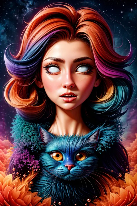 dark sky, clouds, stars, cosmos, abstract,girl, cute face, (close eyes:1.2), moon,  cat,by Andy Kehoe, (intricate details, hyper...