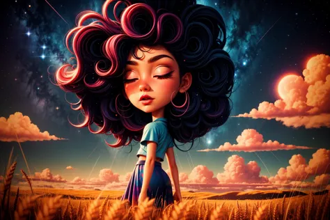 full body, dark sky, wheat field, clouds, stars, cosmos, abstract,girl, cute face, close eyes, moon cat,by Andy Kehoe, (intricat...