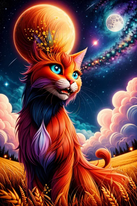 low angle, full body, dark sky, wheat field, clouds, stars, cosmos, abstract,girl, cute face, close eyes, moon cat,by Andy Kehoe...