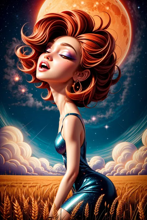 low angle, full body, dark sky, wheat field, clouds, stars, cosmos, abstract,girl, cute face, close eyes, moon cat,by Andy Kehoe...
