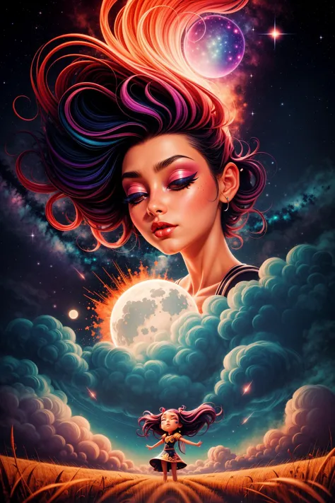 low angle,full body, dark sky, wheat field, clouds, stars, cosmos, abstract,girl, cute face, close eyes, moon,by Andy Kehoe, (in...