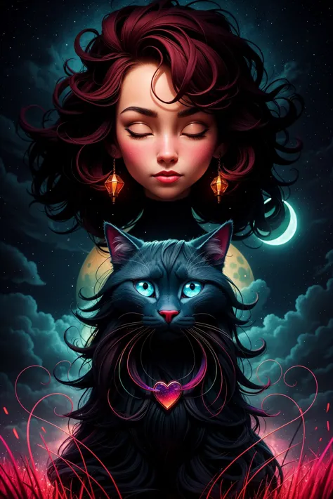 dark sky, clouds, stars, cosmos, abstract,girl, cute face, close eyes, moon,  cat,by Andy Kehoe, (intricate details, hyperdetail...