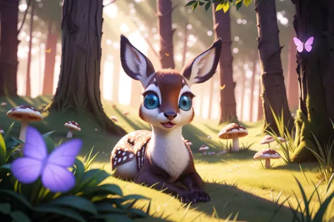 magic woods, bambi, big blue eyes, (cute face:1.2), animals, mushrooms, birds, butterflies, air particles, backlight, dappled sunlight,air particles,blurry foreground,  colorfull, detailed wool, (dynamic:1.10), (intricate details:1.1), (best quality, masterpiece, ultra-detailed, Unreal Engine:1.10)