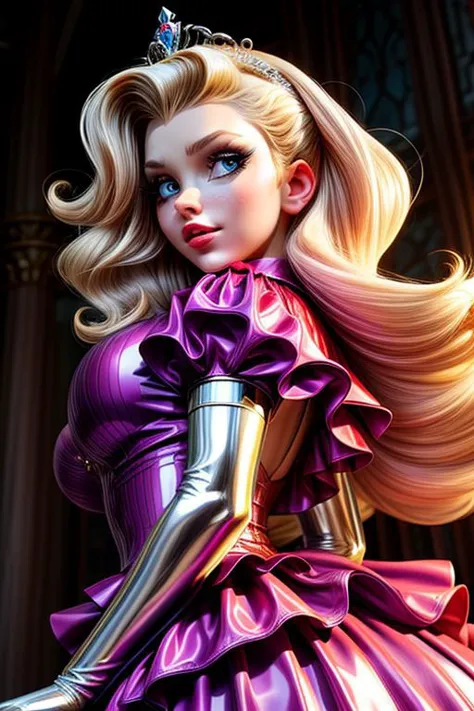 a close up of a doll with a purple dress and a tiable