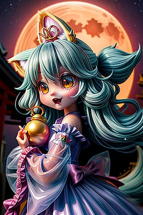 (super deformed, huge head, kawaii:1.2), (cute fox princess) wearing dark pastel (ruffled) (glossy oily latex:1) gown with (tran...