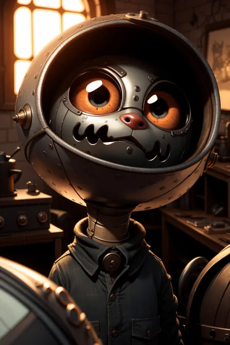 big eyes,(Machinarium:1.1), detective cat, ostapocalypse , rain, artstation, sharp focus, studio photo, backlight,((intricate de...