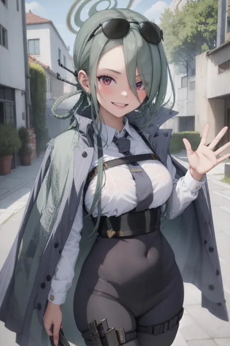 (masterpiece:1.3), (absurdres:1.3), (best quality:1.3), (ultra-detailed:1.3), 1girl, looking at viewer, upper body, smile, outdoors, minaid, halo, white shirt, jacket on shoulders, hair over one eyes, green necktie, black pantyhose, thigh strap, <lora:mina...