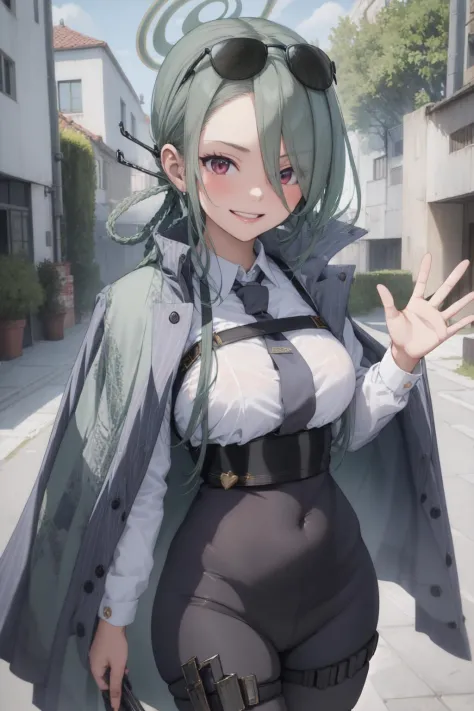 (masterpiece:1.3), (absurdres:1.3), (best quality:1.3), (ultra-detailed:1.3), 1girl, looking at viewer, upper body, smile, outdoors, minaid, halo, white shirt, jacket on shoulders, hair over one eyes, green necktie, black pantyhose, thigh strap, <lora:minaid-11D:1>, waving,