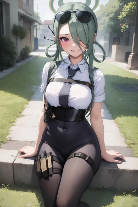 (masterpiece:1.3), (absurdres:1.3), (best quality:1.3), (ultra-detailed:1.3), 1girl, looking at viewer, full body, smile, outdoors, minaid, halo, white shirt, hair over one eyes, green necktie, black pantyhose, thigh strap, <lora:minaid-11D:1>,