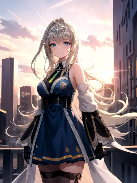 masterpiece, best quality, 1girl, solo, dspoli, white hair, long hair, blue eyes, hairband, hair ornament, necklace, dress, bare shoulders, detached sleeves, gloves, thighhighs, standing, outdoors, futuristic cityscape, sunset, lens flare, cowboy shot
 <lyco:dspoli_lc_768:1>