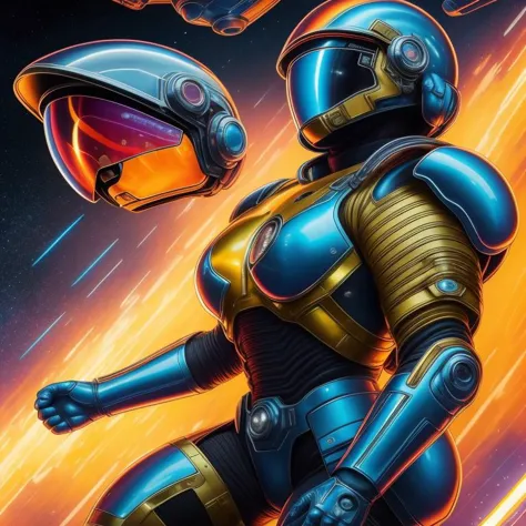 rainbowpatch A (masterpiece) detailed oil paint comic cover style artwork of a Cyber warrior woman, floating in space with reactor, futuristic space armor suite, with lights, vivid light, ring light, volumetric light, robotic estetics, helmet, large breasts plate. neons, mechanical, power armor. sharp edges, intricated, ((detailed)) ((highres))