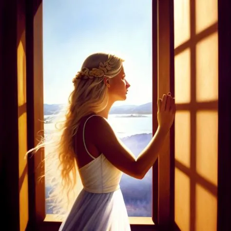 A fantasy Oil paint artwork of a blonde young woman looking throught a sunny window, volumetric light,